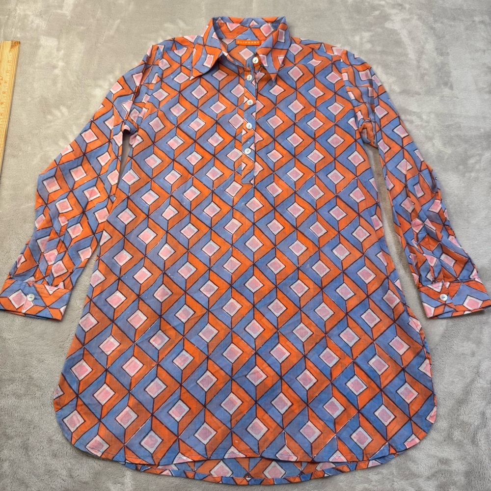 OLIPHANT Orange Blue Geometric long Sleeve Cotton Tunic‎ Top small